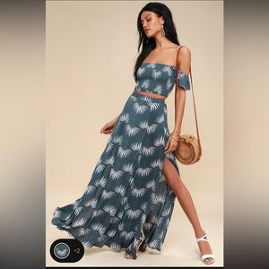 Lulus Trancoso Dusty Blue Floral Print Two-Piece Maxi Dress Sz L